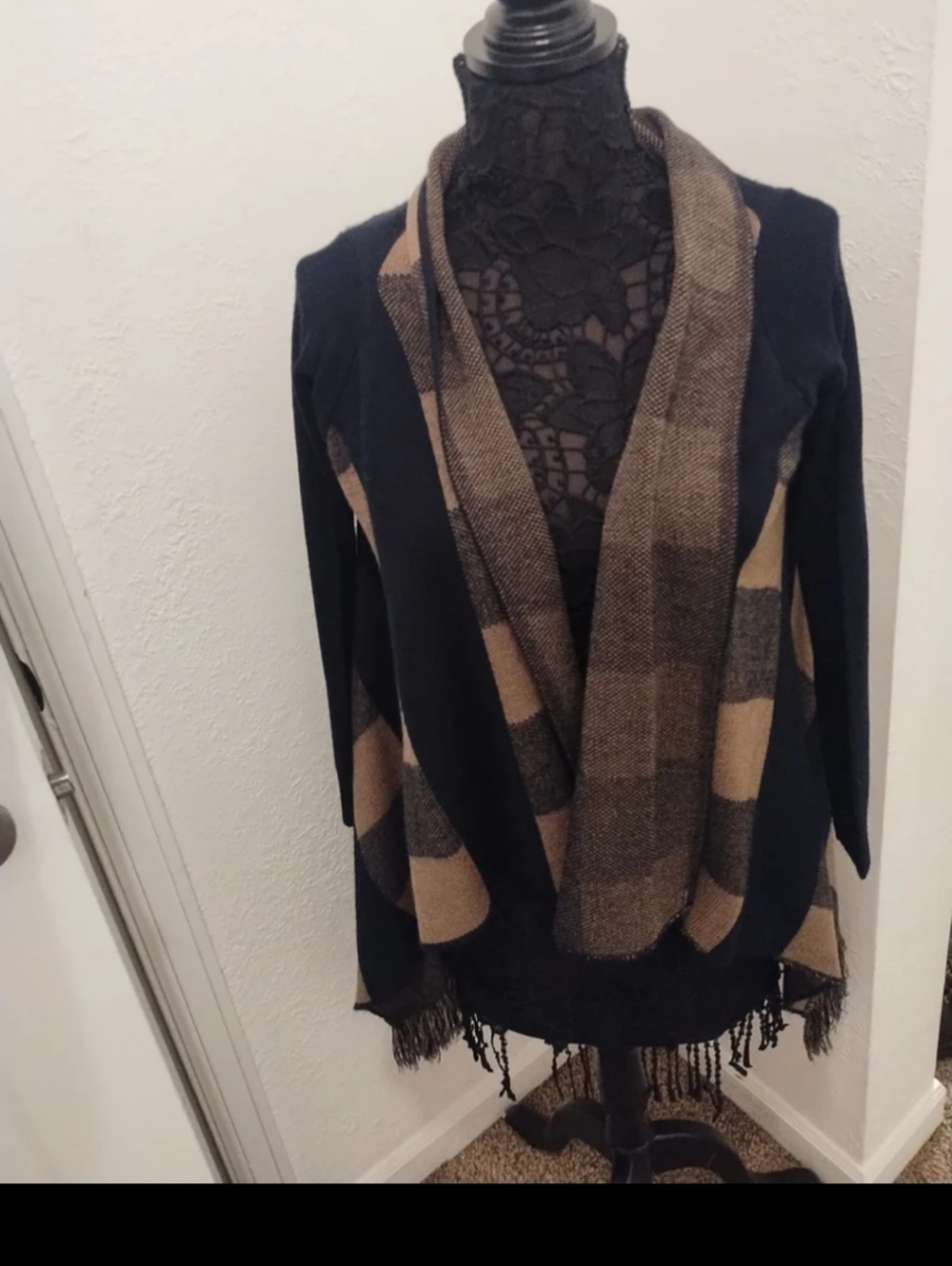 Navy and Tan Plaid Open Cardigan
